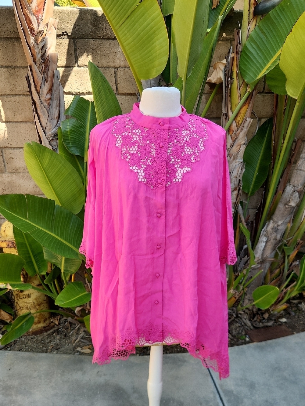 NWT Johnny Was Jade Katia Oversized Silk Blouse Fuchsia Pink Lace Trim